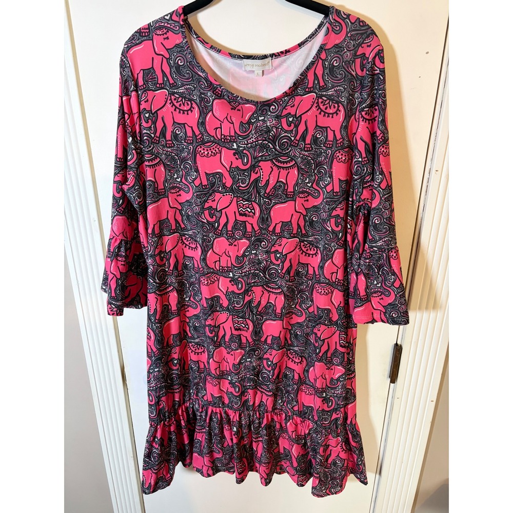 Simply Southern Pink Elephant Paisley Bell Sleeve Ruffle Hem Dress Large